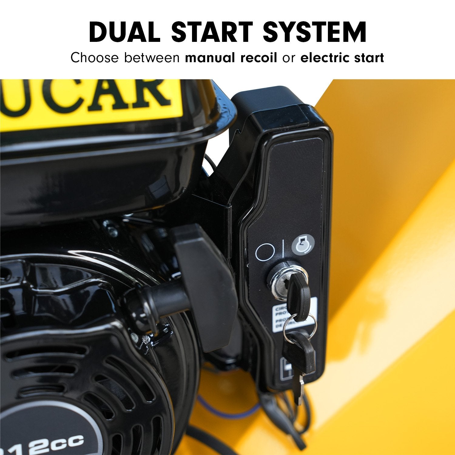 Ducar 70p 3600 Rpm Yellow Black Wood Chipper Shredder Mulcher Grinder Recoil & Electrical Starting System 100mm Capacity Ohv 4-stroke Engine 212cc Unleaded Petrol 6