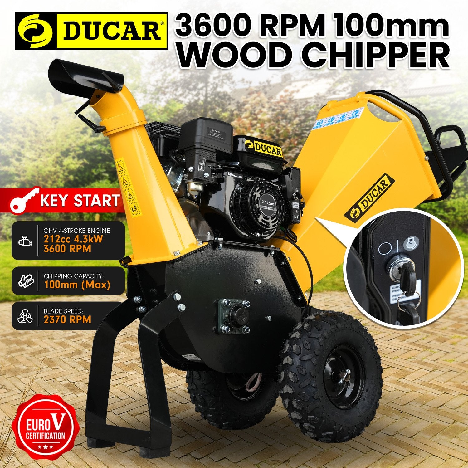 Ducar 70p 3600 Rpm Yellow Black Wood Chipper Shredder Mulcher Grinder Recoil & Electrical Starting System 100mm Capacity Ohv 4-stroke Engine 212cc Unleaded Petrol 10