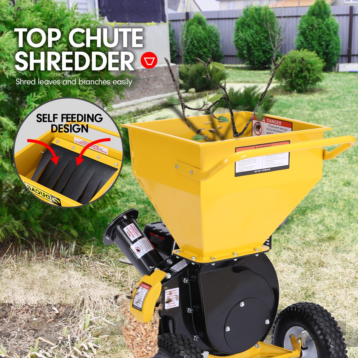Ducar Wood Chipper Shredder Mulcher Garden 8hp Petrol Motor Upright Grinder - Yellow 4