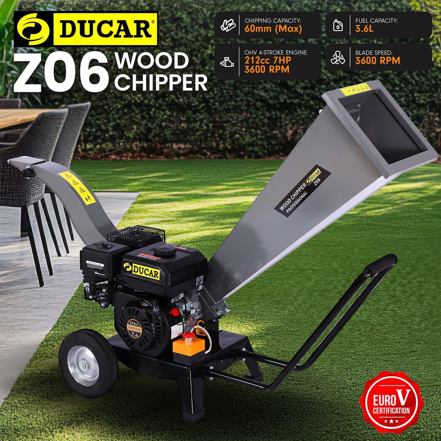 Ducar 7hp Wood Chipper Shredder Mulcher Grinder Petrol Silver