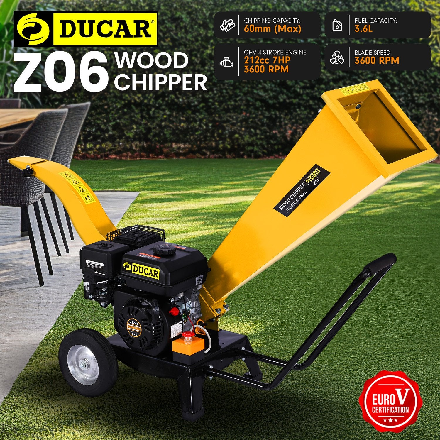 Ducar 7hp Wood Chipper Shredder Mulcher Grinder Petrol Yellow