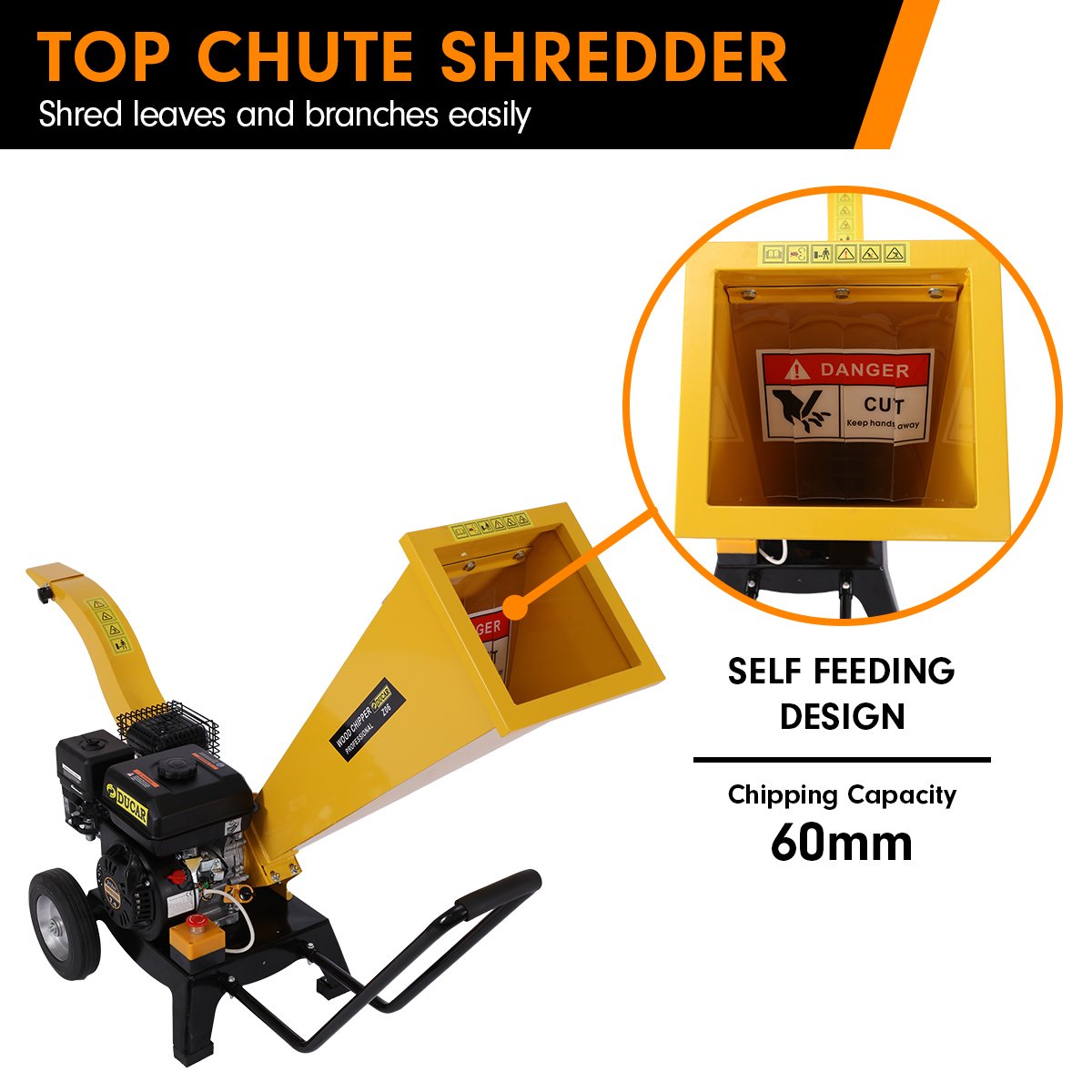 Ducar 7hp Wood Chipper Shredder Mulcher Grinder Petrol Yellow 5