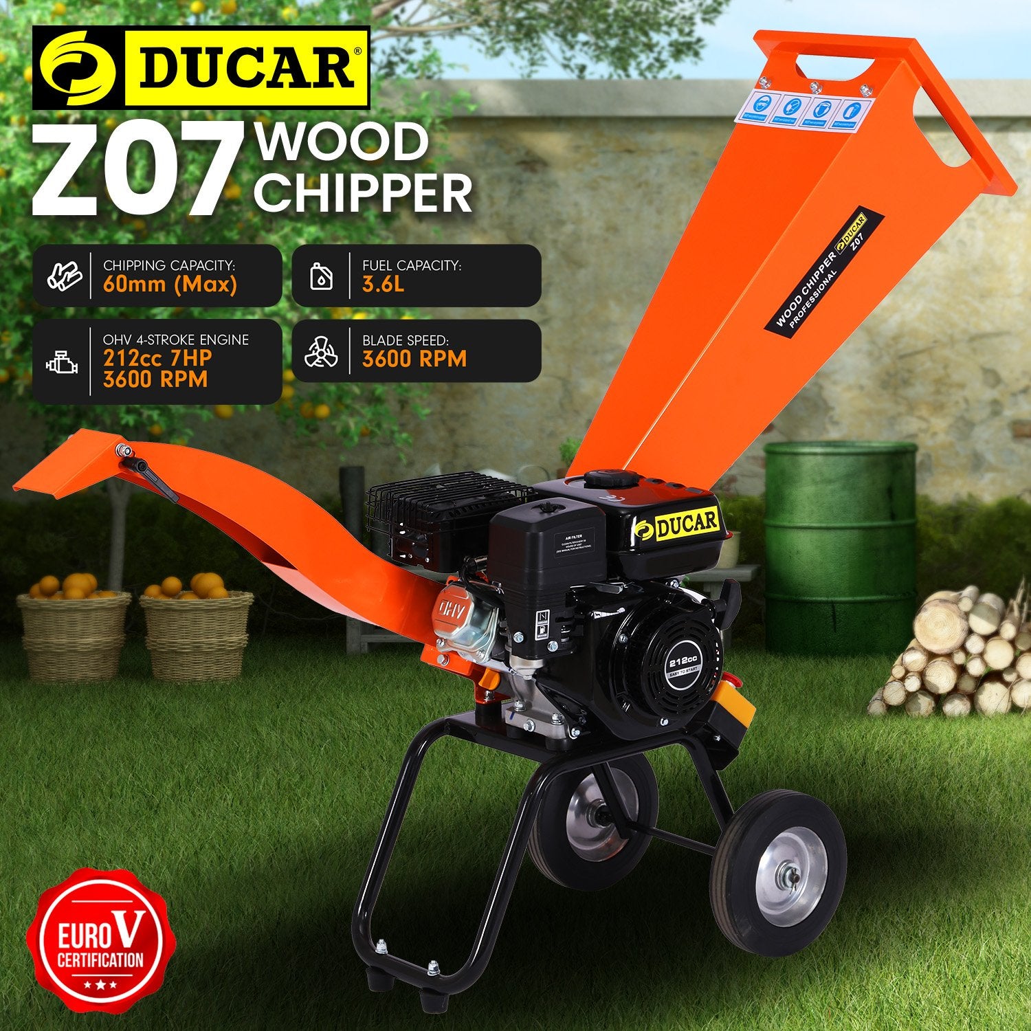 Ducar 7hp Wood Chipper Shredder Mulcher Grinder Petrol Orange