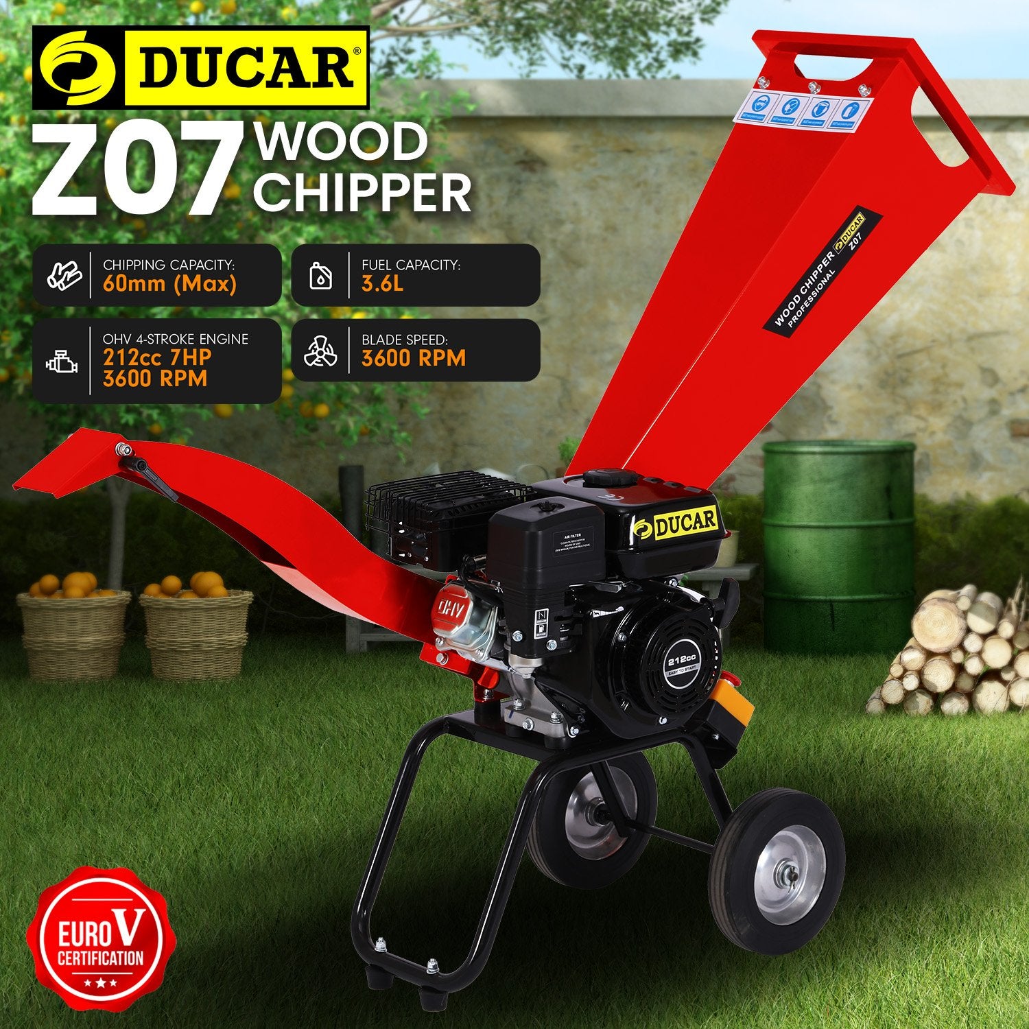 Ducar 7hp Wood Chipper Shredder Mulcher Grinder Petrol Red 3
