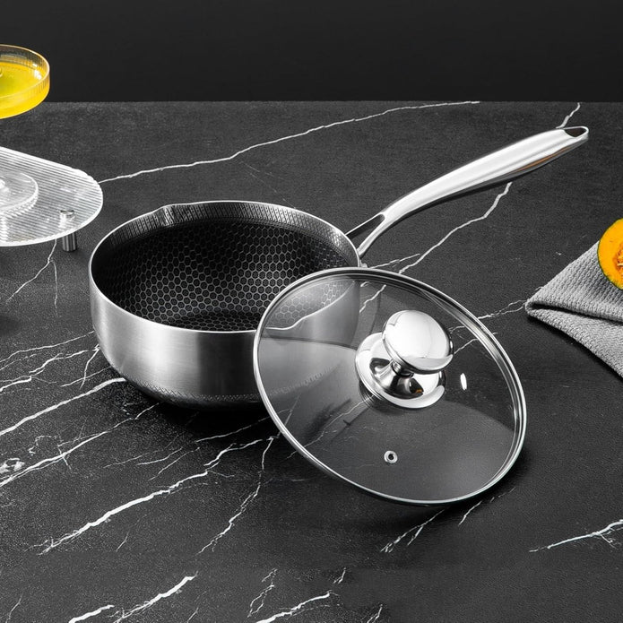 18cm 316L Stainless Steel Saucepan Compound Steel Honeycomb Nonstick Sauce Pan with Glass Lid 1.5L Pot Stay-Cool Handle Multipurpose Milk Saucepan, Induction Capable and Gas Stove 3