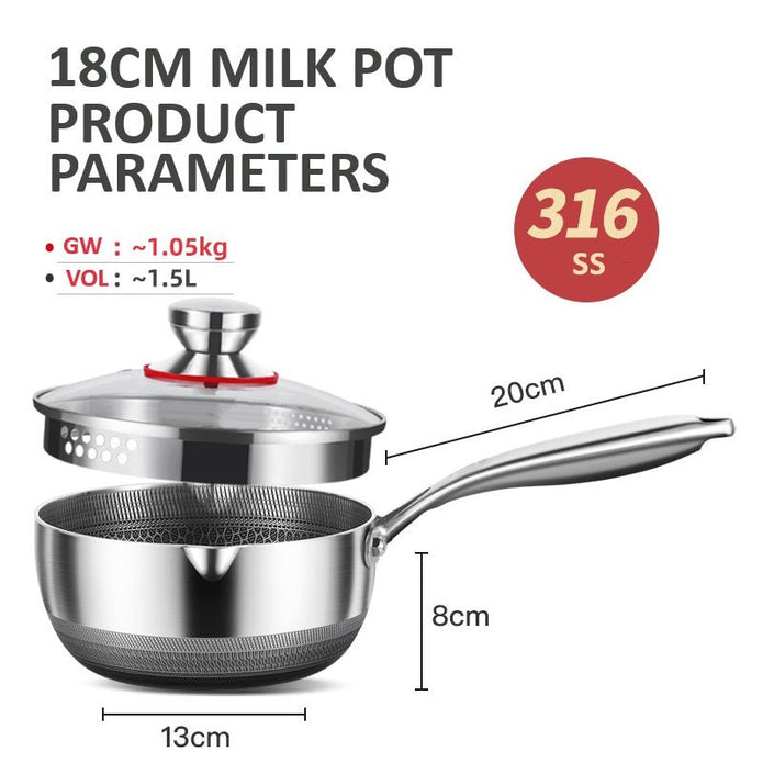 18cm 316L Stainless Steel Saucepan Compound Steel Honeycomb Nonstick Sauce Pan with Glass Lid 1.5L Pot Stay-Cool Handle Multipurpose Milk Saucepan, Induction Capable and Gas Stove 4
