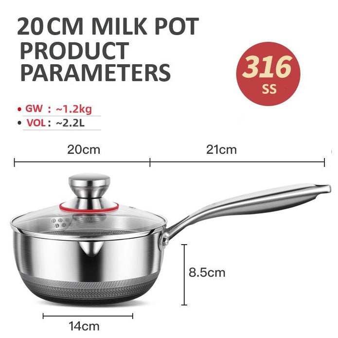 20cm 316L Stainless Steel Saucepan Compound Steel Honeycomb Nonstick Sauce Pan with Glass Lid 2.2L Pot Stay-Cool Handle Multipurpose Milk Saucepan, Induction Capable and Gas Stove 5