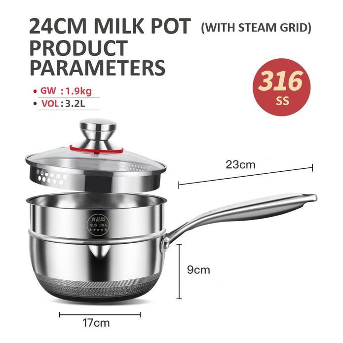 24cm 316L Stainless Steel Saucepan Compound Steel Honeycomb Nonstick Sauce Pan with Glass Lid 3.2L Pot Stay-Cool Handle Multipurpose Milk Saucepan, Induction Capable and Gas Stove 6