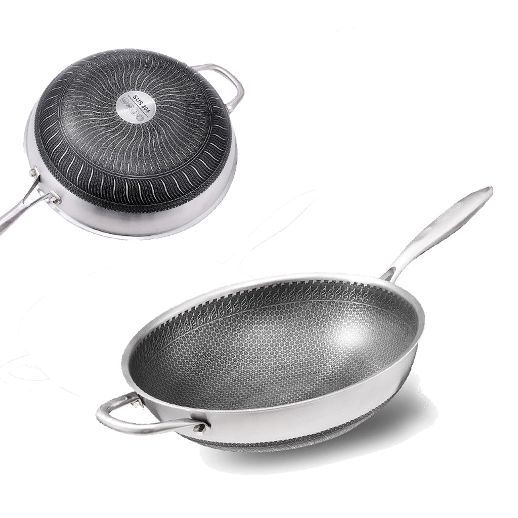 304 Stainless Steel 32cm Non-Stick Stir Fry Cooking Kitchen Wok Pan with Lid Honeycomb Double Sided 6