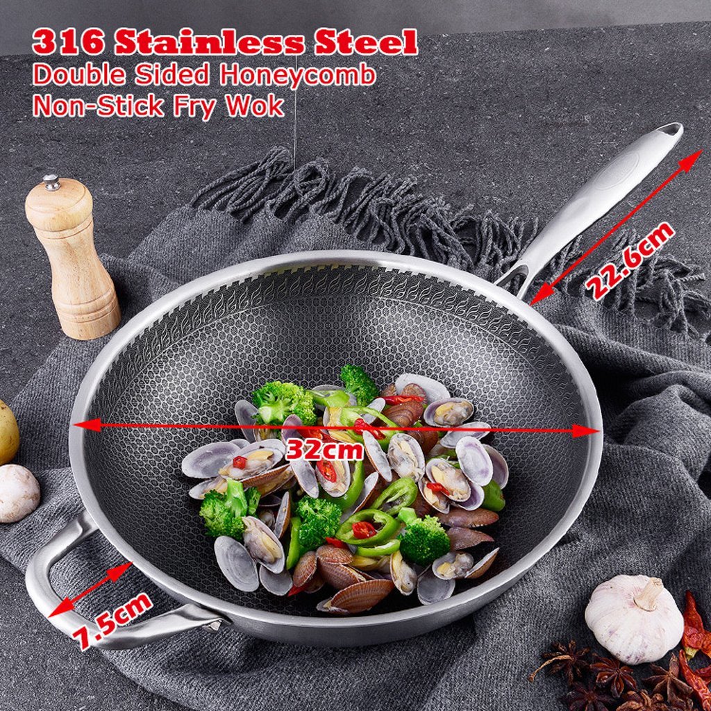 316 Stainless Steel 32cm Non-Stick Stir Fry Cooking Kitchen Wok Pan without Lid Honeycomb Double Sided 5