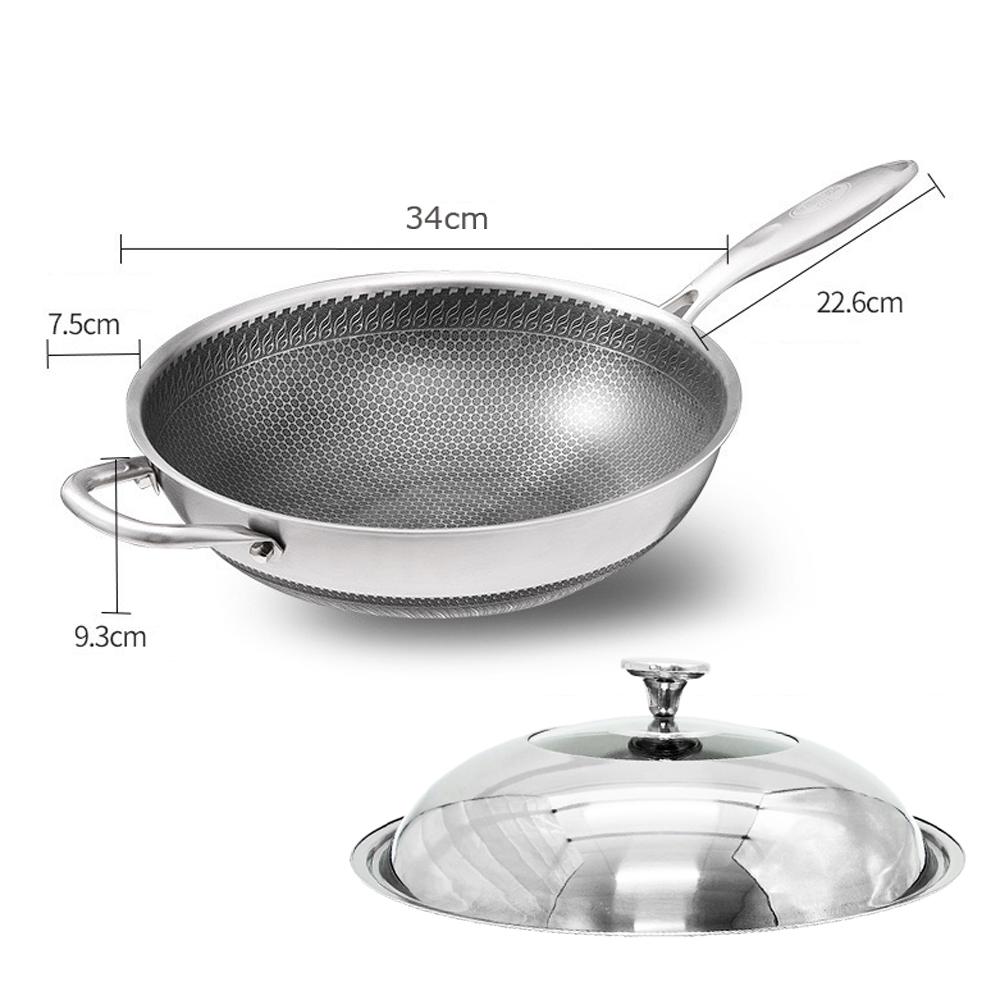 316 Stainless Steel 32cm Non-Stick Stir Fry Cooking Kitchen Wok Pan without Lid Honeycomb Double Sided 8