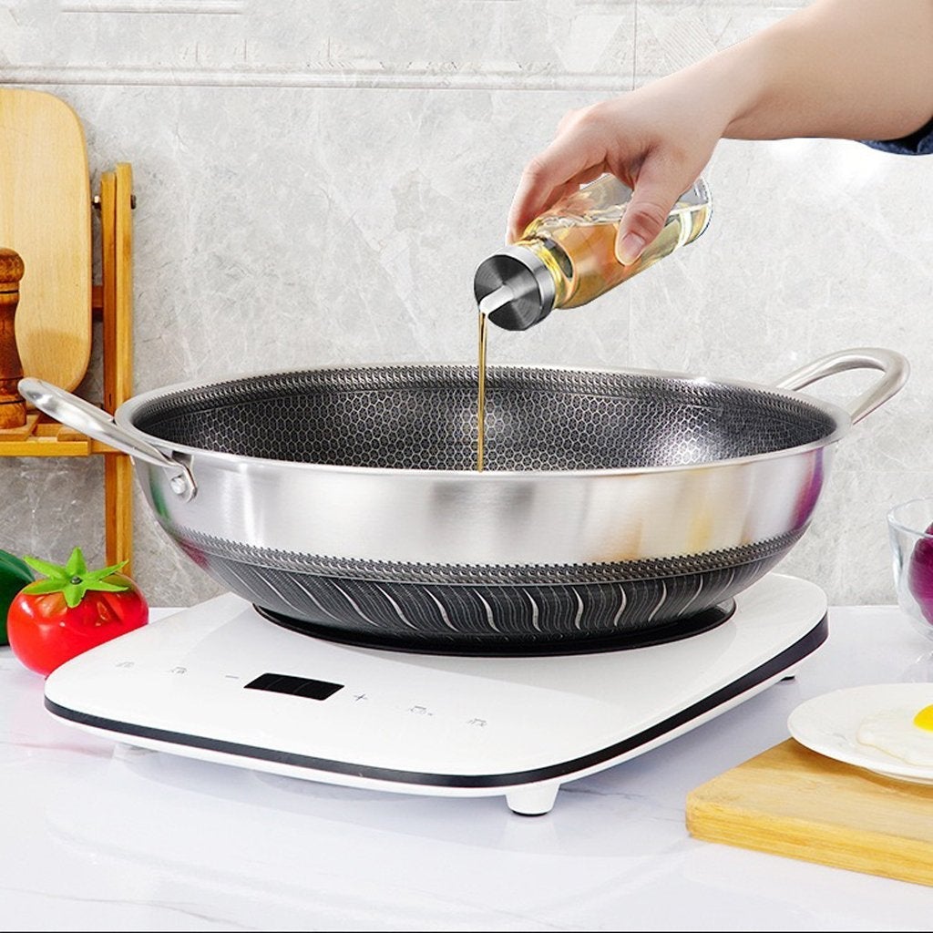 304 Stainless Steel 34cm Double Ear Non-Stick Stir Fry Cooking Kitchen Wok Pan Without Lid Honeycomb Double Sided 3