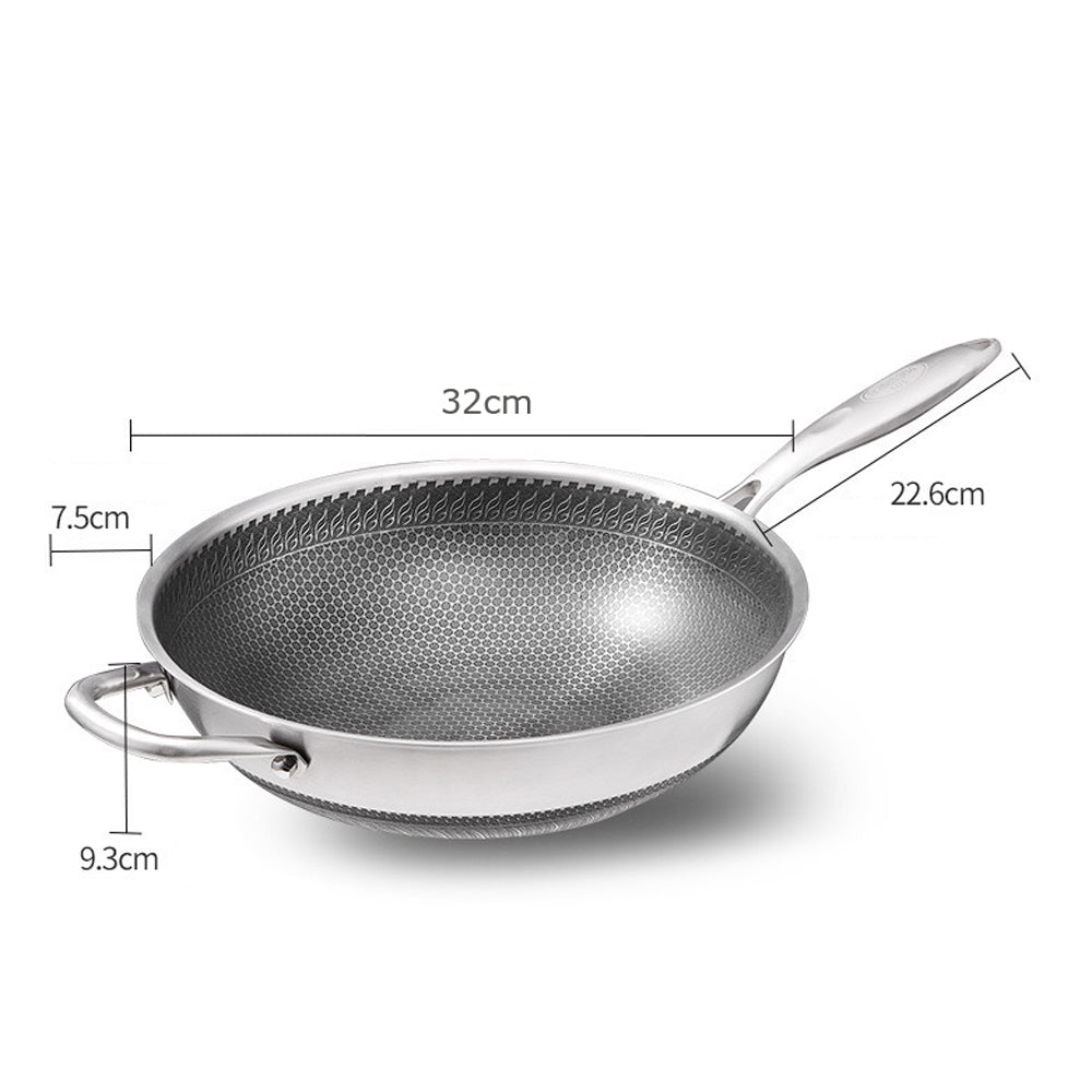 34cm 304 Stainless Steel Non-Stick Stir Fry Cooking Kitchen Wok Pan without Lid Honeycomb Double Sided 4