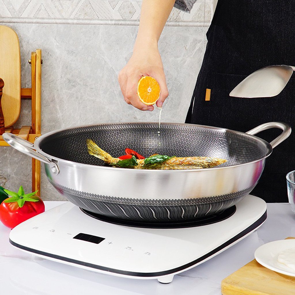 Double Ear 304 Stainless Steel 36cm Non-Stick Stir Fry Cooking Kitchen Wok Pan with Lid Honeycomb Double Sided 3