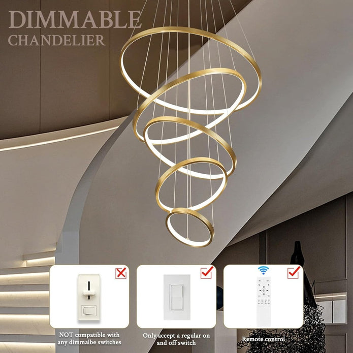 BAMDECOR A18801 Modern LED Chandelier, Dimmable Pendant Light with Remote Control Rings Round Ceiling Lighting Fixture 3 Color Temperatures Contemporary Chandeliers (5 Rings-Gold)