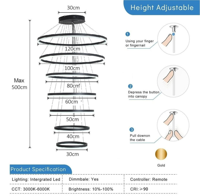 BAMDECOR A18815 Nordic Home Decor Dining Room Pendant lamp lights Ceiling Lamp Hanging Light Chandelier Lamps (7 Rings-Black) 8