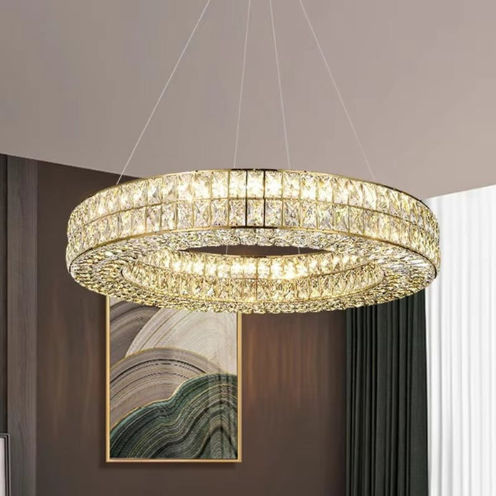 BAMDECOR C3332/1  Round Luxury Crystal Chandelier Modern LED Crystal Chandelier LED Ring Pendant Light Stainless Steel Ceiling Lamp Hanging Lights,for Dining Living Room (Gold)