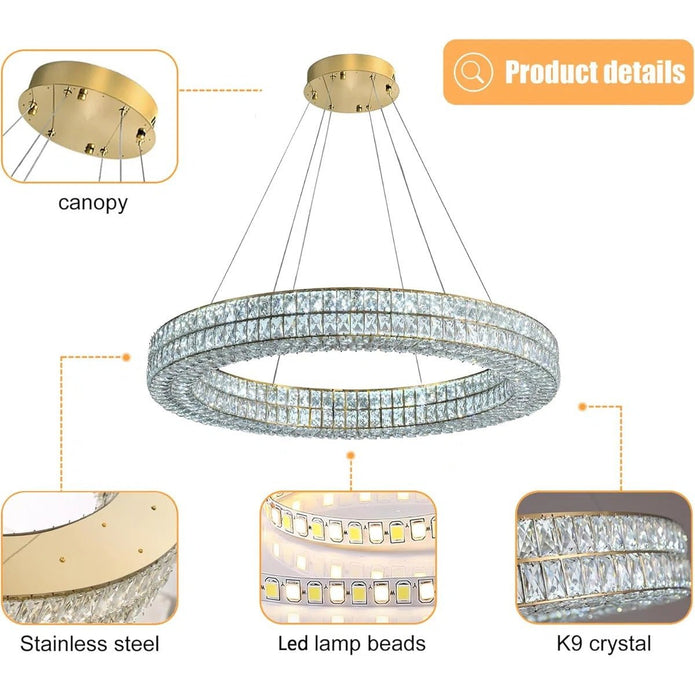 BAMDECOR C3332/1  Round Luxury Crystal Chandelier Modern LED Crystal Chandelier LED Ring Pendant Light Stainless Steel Ceiling Lamp Hanging Lights,for Dining Living Room (Gold) 4