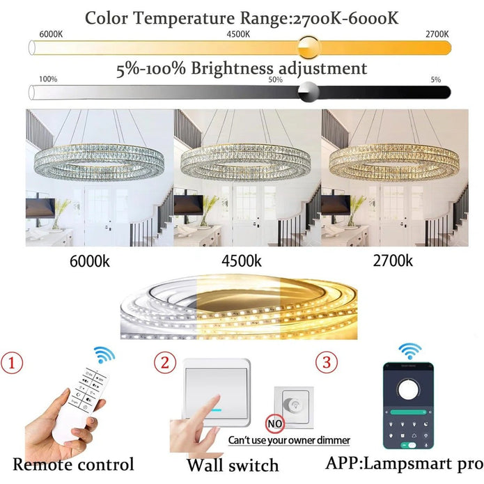 BAMDECOR C3332/1  Round Luxury Crystal Chandelier Modern LED Crystal Chandelier LED Ring Pendant Light Stainless Steel Ceiling Lamp Hanging Lights,for Dining Living Room (Gold) 5