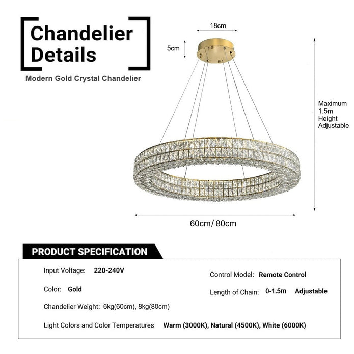 BAMDECOR C3332/1  Round Luxury Crystal Chandelier Modern LED Crystal Chandelier LED Ring Pendant Light Stainless Steel Ceiling Lamp Hanging Lights,for Dining Living Room (Gold) 6