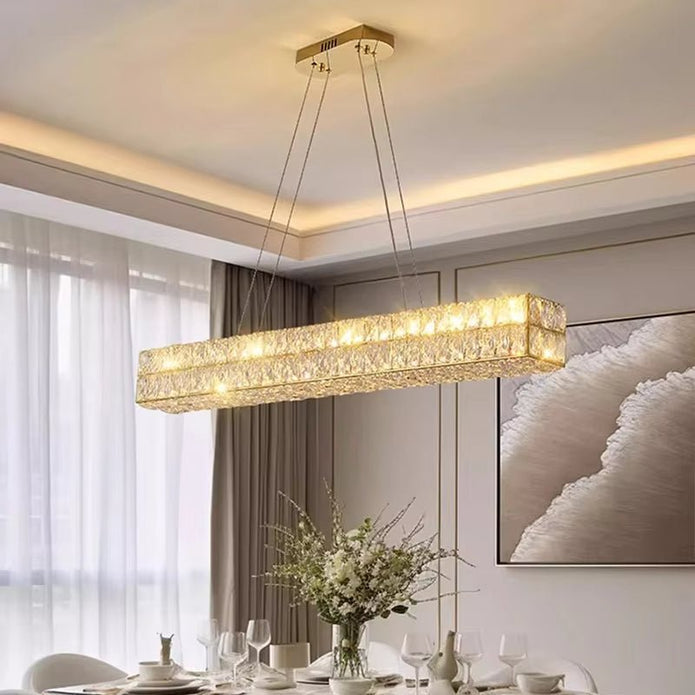 BAMDECOR C3332/L Linear Luxury Crystal Chandelier Modern LED Crystal Chandelier LED Ring Pendant Light Stainless Steel Ceiling Lamp Hanging Lights,for Dining Living Room (Gold) 4