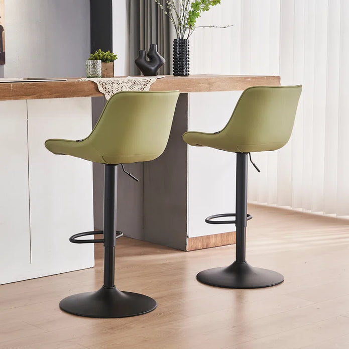 SERENITà AVO Green Modern Height Adjustable Swivel Bar Stools Upholstered Leather Barstool Kitchen Island Chairs with Metal Frame (Set of 2)