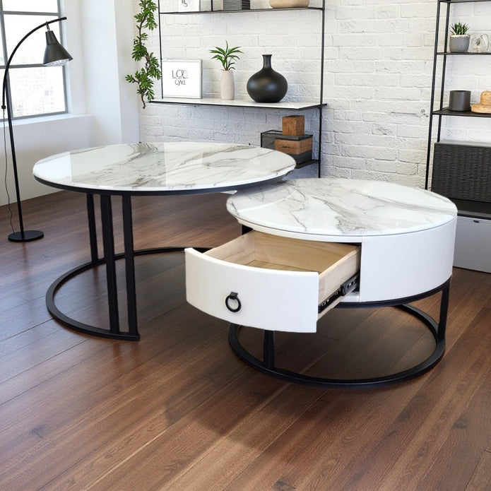 Snowy Mountain Faux Modern Marble Slate Nesting Coffee Table Set Leather Wrapped Wood Drawers 3