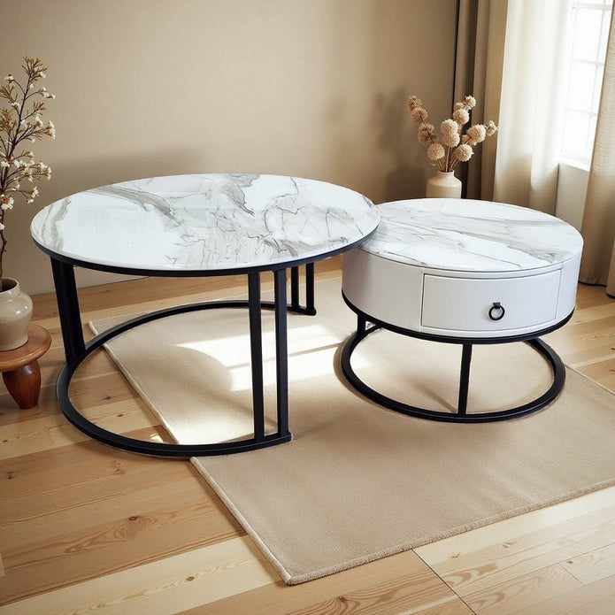 Snowy Mountain Faux Modern Marble Slate Nesting Coffee Table Set Leather Wrapped Wood Drawers 4