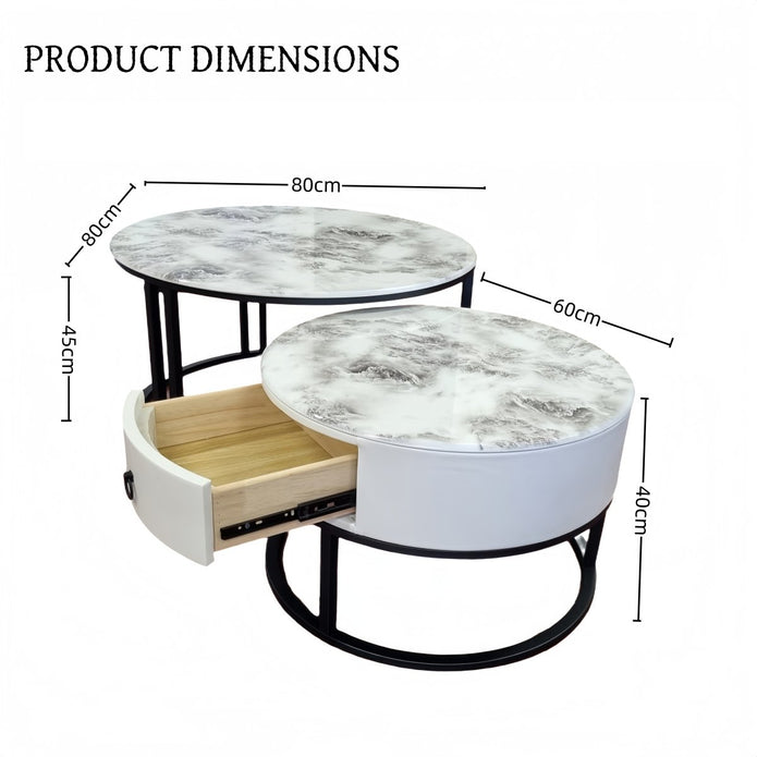 Snowy Mountain Faux Modern Marble Slate Nesting Coffee Table Set Leather Wrapped Wood Drawers 5