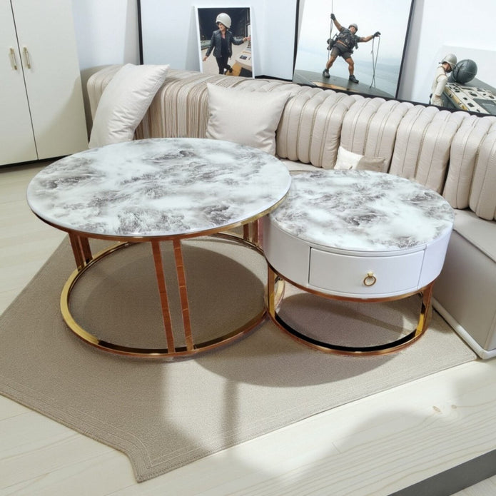 Snowy Mountain Faux Modern Marble Slate Nesting Coffee Table Set Leather Wrapped Wood Drawers