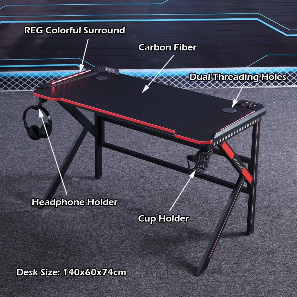 Gaming Desk Desktop PC Computer Desks Desktop Racing Table Office Laptop Home K-Shaped Legs Black 140cm 13