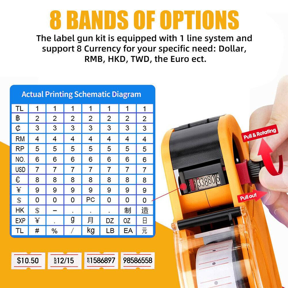 Price Tag Gun Labeller Pricing with 2 Rolls Labels and Inks Roller Machine Kit Yellow 5
