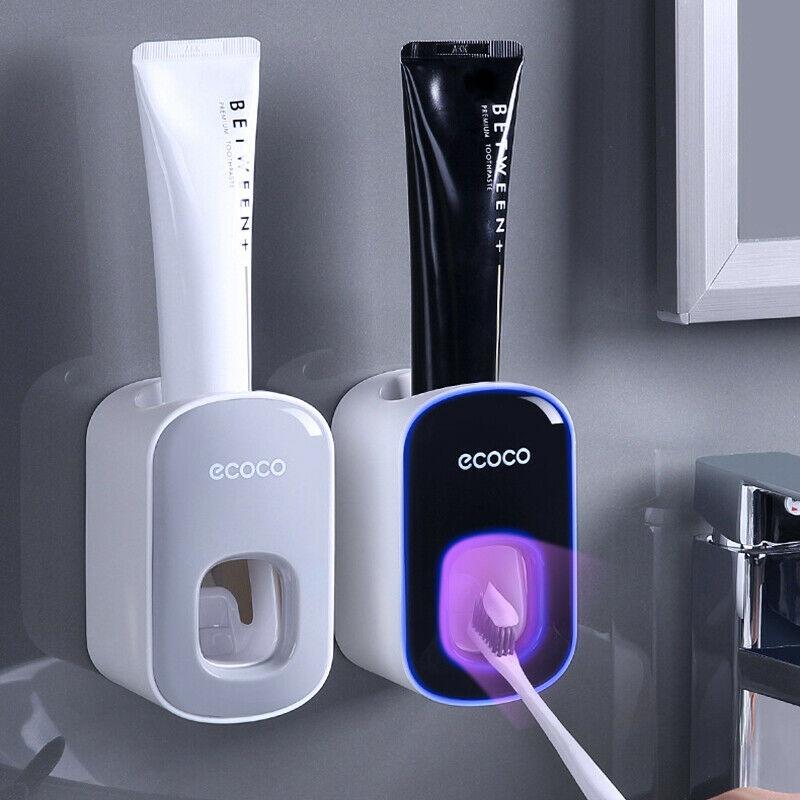 Ecoco Wall mount auto ands Free Toothpaste Dispenser Automatic Toothpaste Squeezer Bathroom Toothpaste Holder Black 9