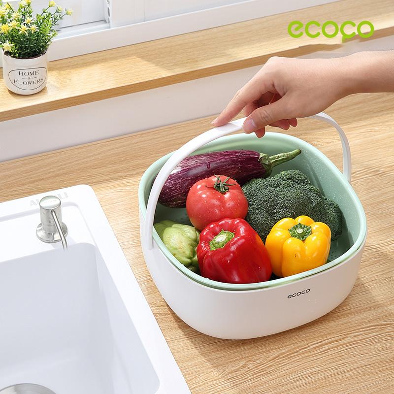 Ecoco Double Drain Basket Bowl Washing Kitchen Strainer Noodles Vegetables Fruit Sink Supplies Blue 3