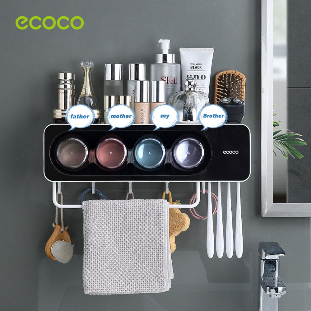 Ecoco Wall-Mounted Toothbrush Holder with 4 Cups and 4 Toothbrush Slots Toiletries Bathroom Storage Rack Black 4