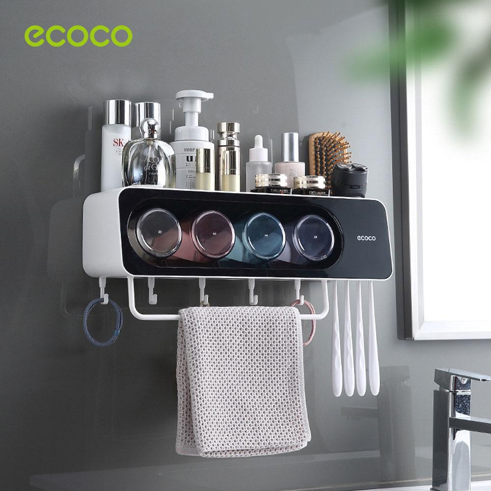 Ecoco Wall-Mounted Toothbrush Holder with 4 Cups and 4 Toothbrush Slots Toiletries Bathroom Storage Rack Black 5