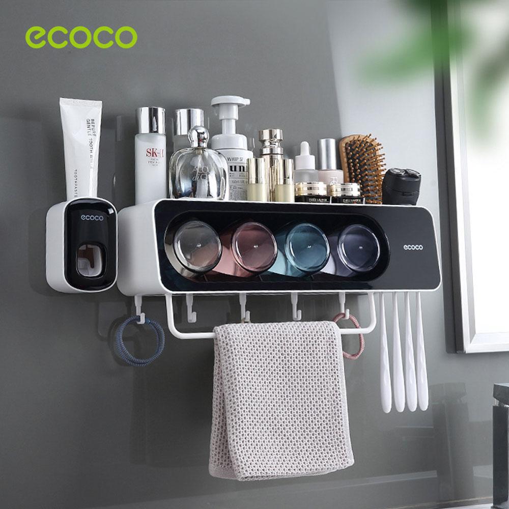 Ecoco Wall-Mounted Toothbrush Holder with 4 Cups and 4 Toothbrush Slots Toiletries Bathroom Storage Rack Grey 7