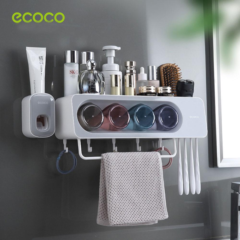 Ecoco Wall-Mounted Toothbrush Holder with 4 Cups and 4 Toothbrush Slots Toiletries Bathroom Storage Rack Grey 8