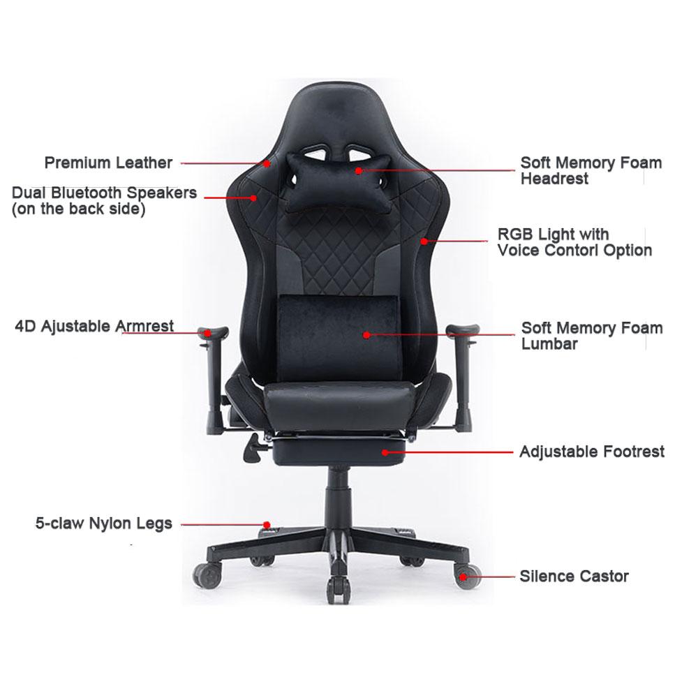 7 RGB Lights Bluetooth Speaker Gaming Chair Ergonomic Racing chair 165° Reclining Gaming Seat 4D Armrest Footrest Black 4