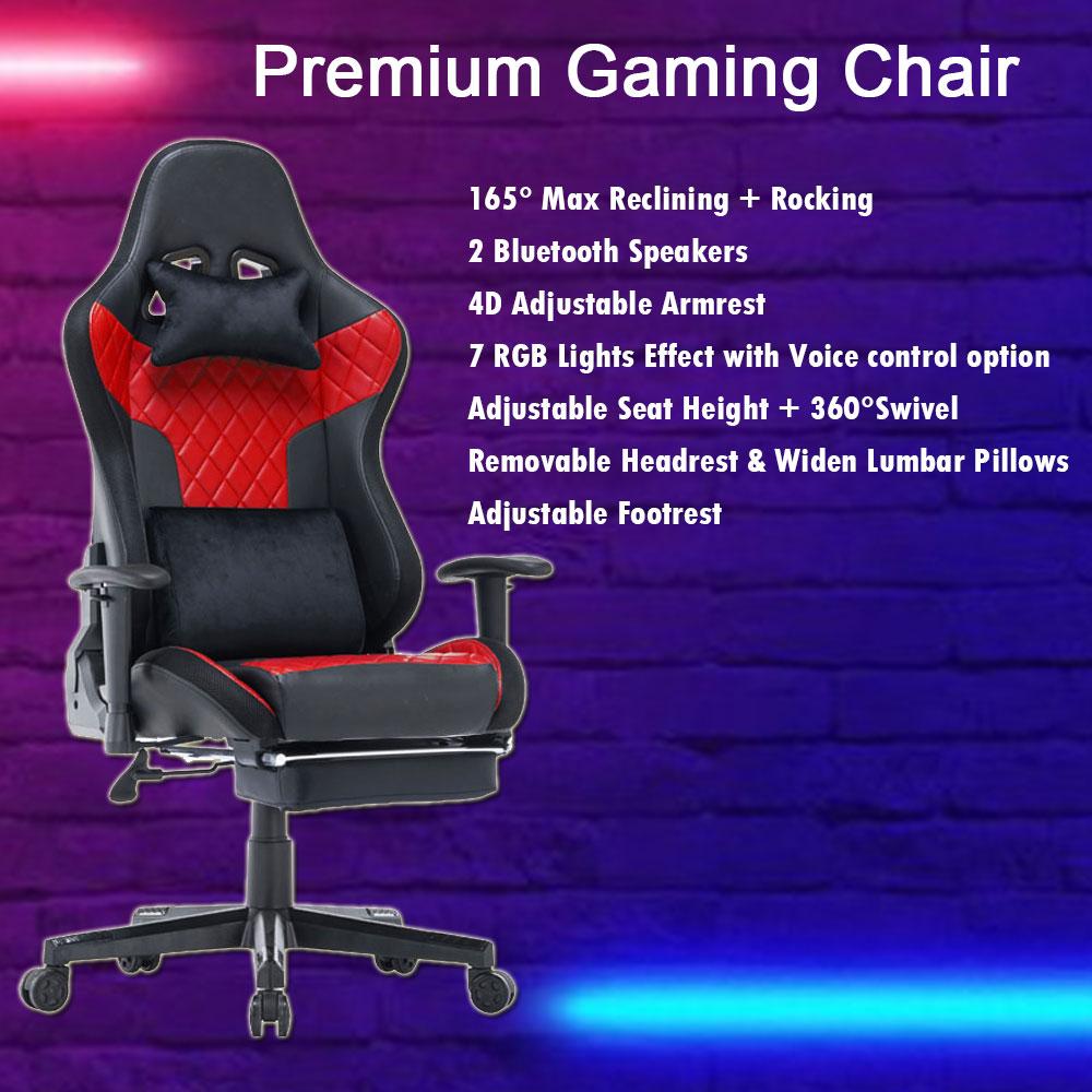 7 RGB Lights Bluetooth Speaker Gaming Chair Ergonomic Racing chair 165° Reclining Gaming Seat 4D Armrest Footrest Black 15