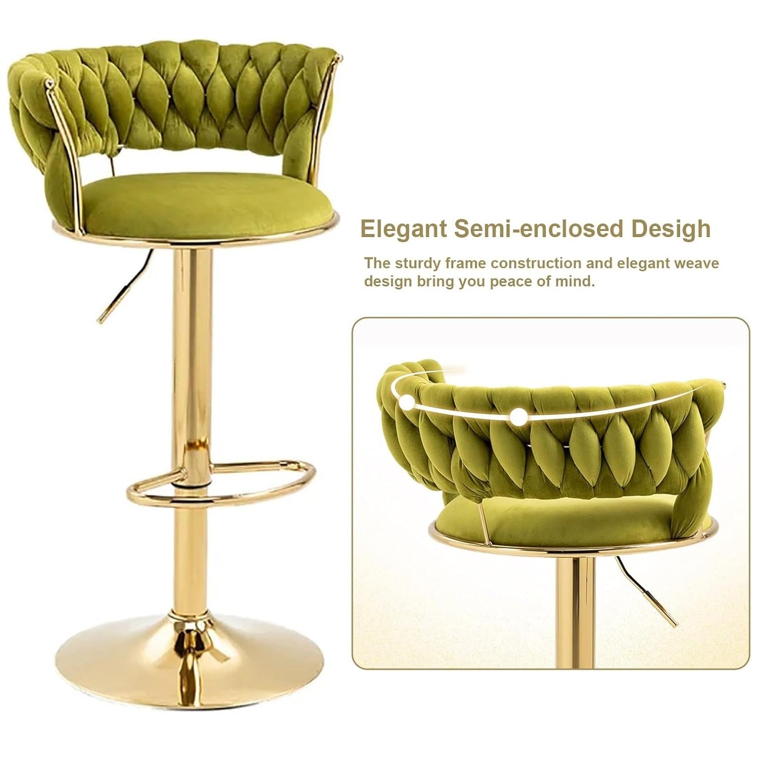 SERENITà 2x Height Adjustable Swivel Bar Stool Velvet Golden Base Barstools Chairs Padded Seat Olive Green 4