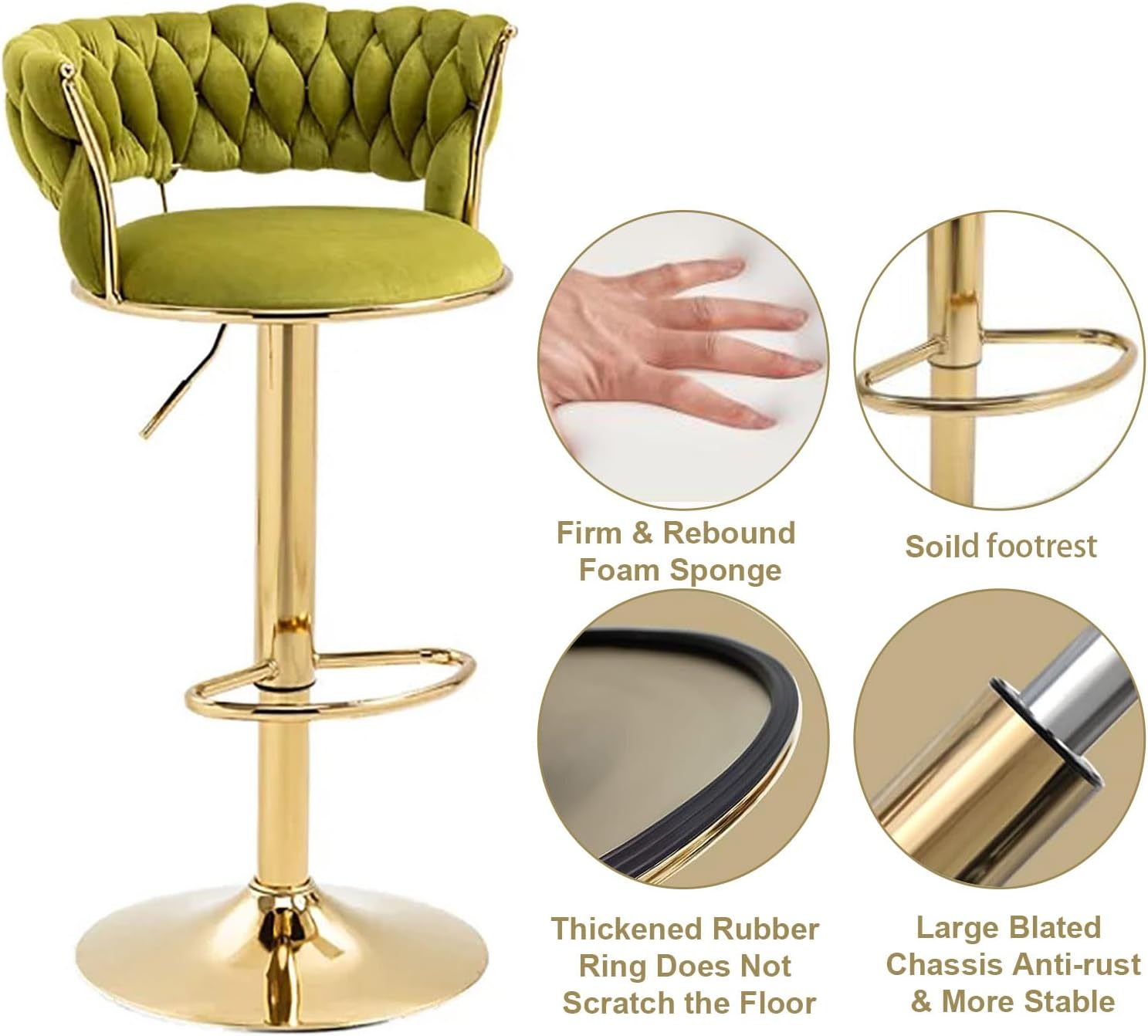 SERENITà 2x Height Adjustable Swivel Bar Stool Velvet Golden Base Barstools Chairs Padded Seat Olive Green 5