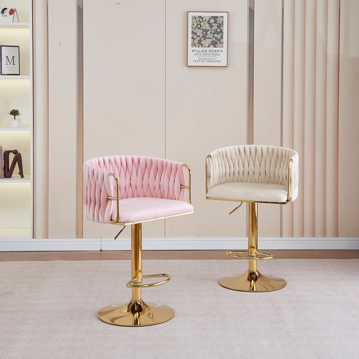 2x Height Adjustable Blue Swivel Bar Stool Velvet Golden Round Base Barstools Chairs 3