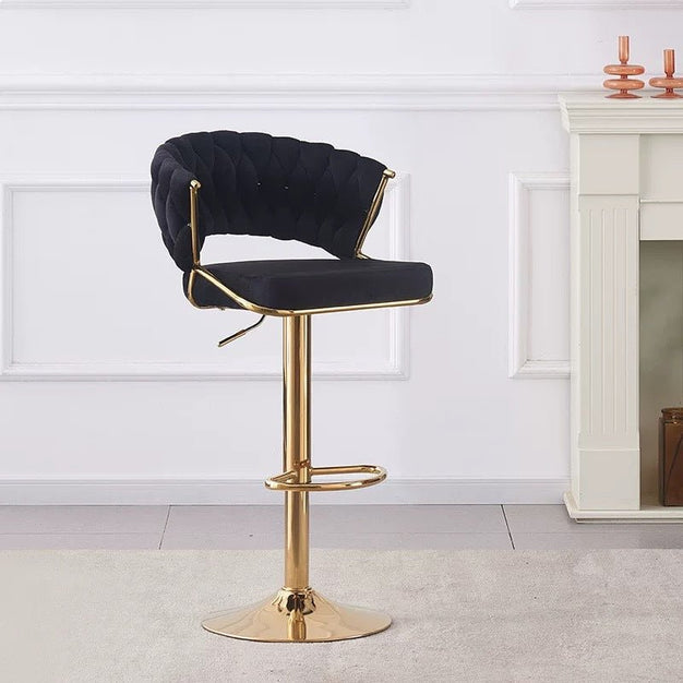 2x Height Black Velvet Padded Golden Round Base Barstools Chairs 3