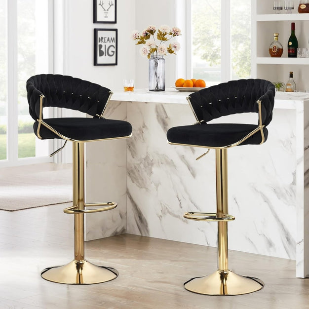 2x Height Black Velvet Padded Golden Round Base Barstools Chairs 5