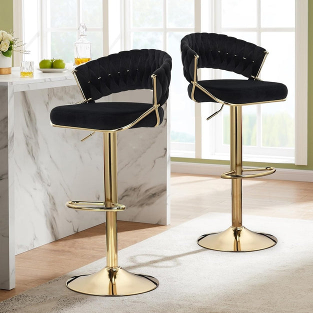 2x Height Black Velvet Padded Golden Round Base Barstools Chairs 6