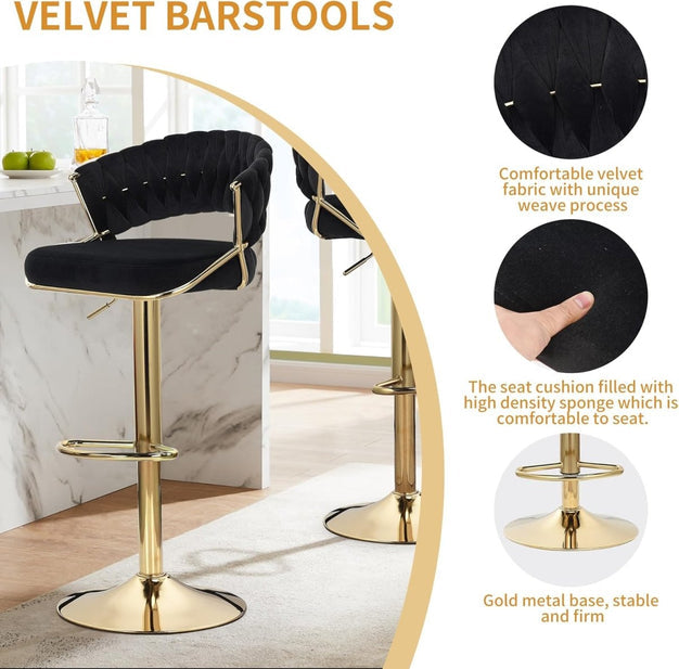 2x Height Black Velvet Padded Golden Round Base Barstools Chairs 7