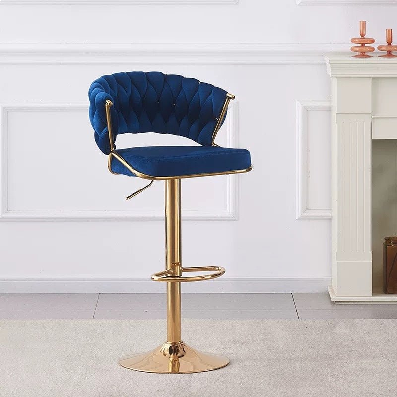 2x Height Blue Velvet Padded Golden Round Base Barstools Chairs 3
