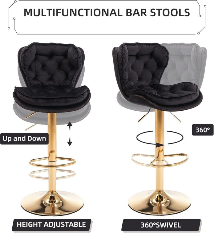 SERENITà Swivel Bar Stools Set of 2 Counter Height Barstools with Back Velvet Upholstered Adjustable Stool Chair Mid Century Modern Bar Stool for Kitchen Island (Black) 5