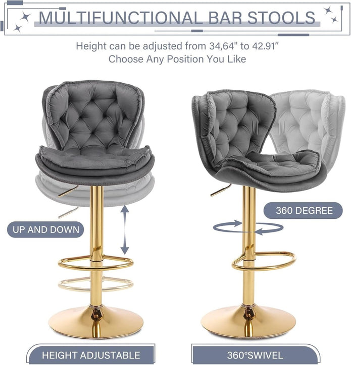 SERENITà Swivel Bar Stools Set of 2 Counter Height Barstools with Back Velvet Upholstered Adjustable Stool Chair Min Century Modern Bar Stool for Kitchen Island (Grey) 3